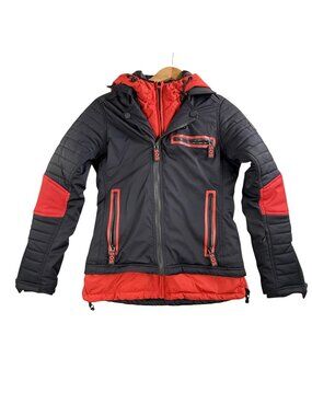 SOS Black Snow Jacket Mens 36 Black Red Hooded Softshell Insulated Ski Primaloft